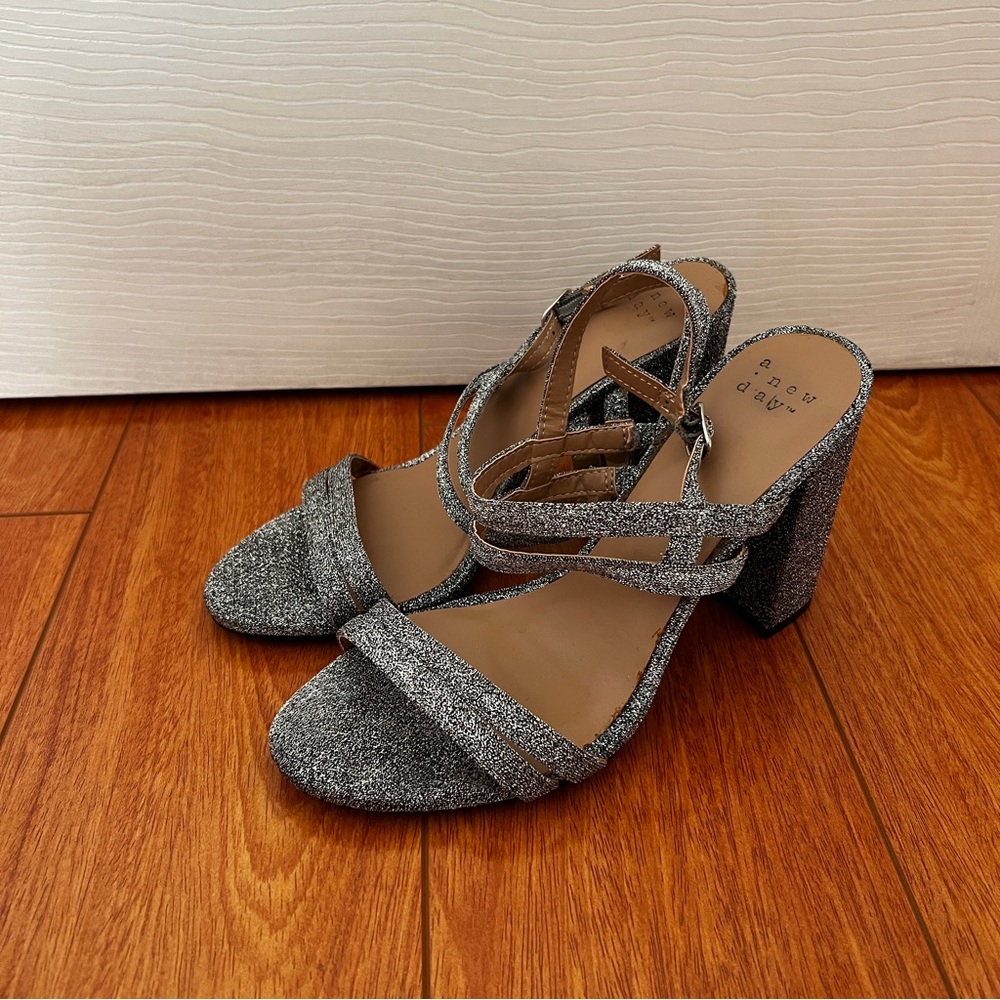 NWOT A New Day Target Silver Sparkly Strappy Block Heels